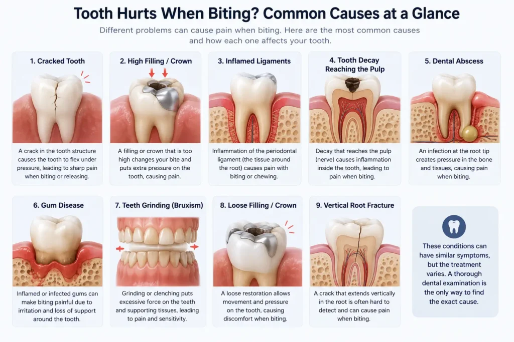 Infographic showing the most common causes of tooth pain when biting, including cracked teeth, high fillings, periodontal ligament inflammation, tooth decay, dental abscess, gum disease, teeth grinding, loose fillings, and vertical root fractures