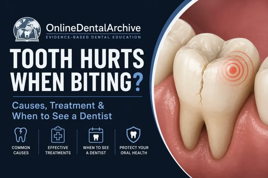 Illustration of a cracked tooth with the title "Tooth Hurts When Biting?" promoting an article about causes, treatment, and when to see a dentist.
