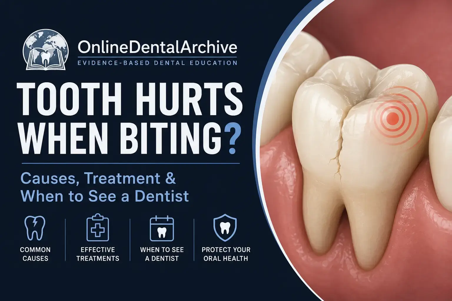 Illustration of a cracked tooth with the title "Tooth Hurts When Biting?" promoting an article about causes, treatment, and when to see a dentist.