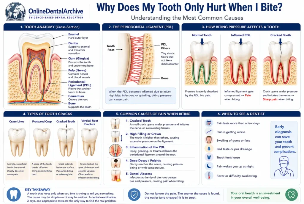 Infographic explaining why a tooth hurts when biting, including tooth anatomy, periodontal ligament inflammation, cracked teeth, common causes, and when to see a dentist.